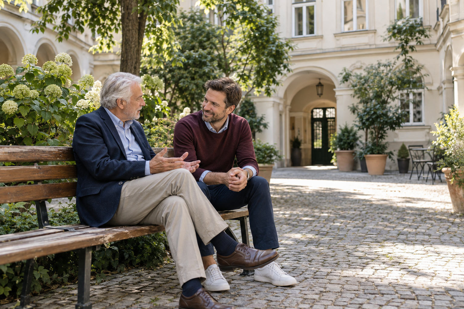 Vater und erwachsener Sohn im begrünten Innenhof eines Wiener Wohnhauses